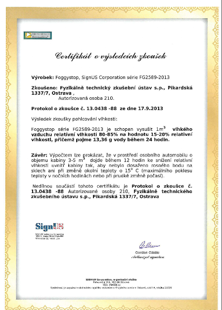 Certifikát účinnosti odvlhčovače Foggystop
